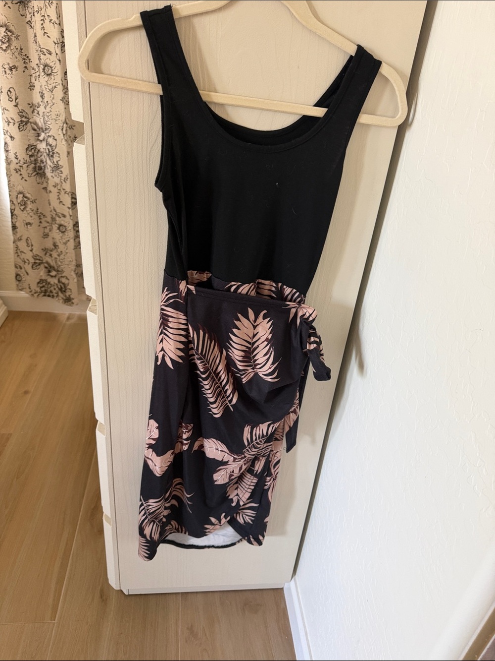 SHEIN Black Tank Dress with Blush Leaf Print Skirt